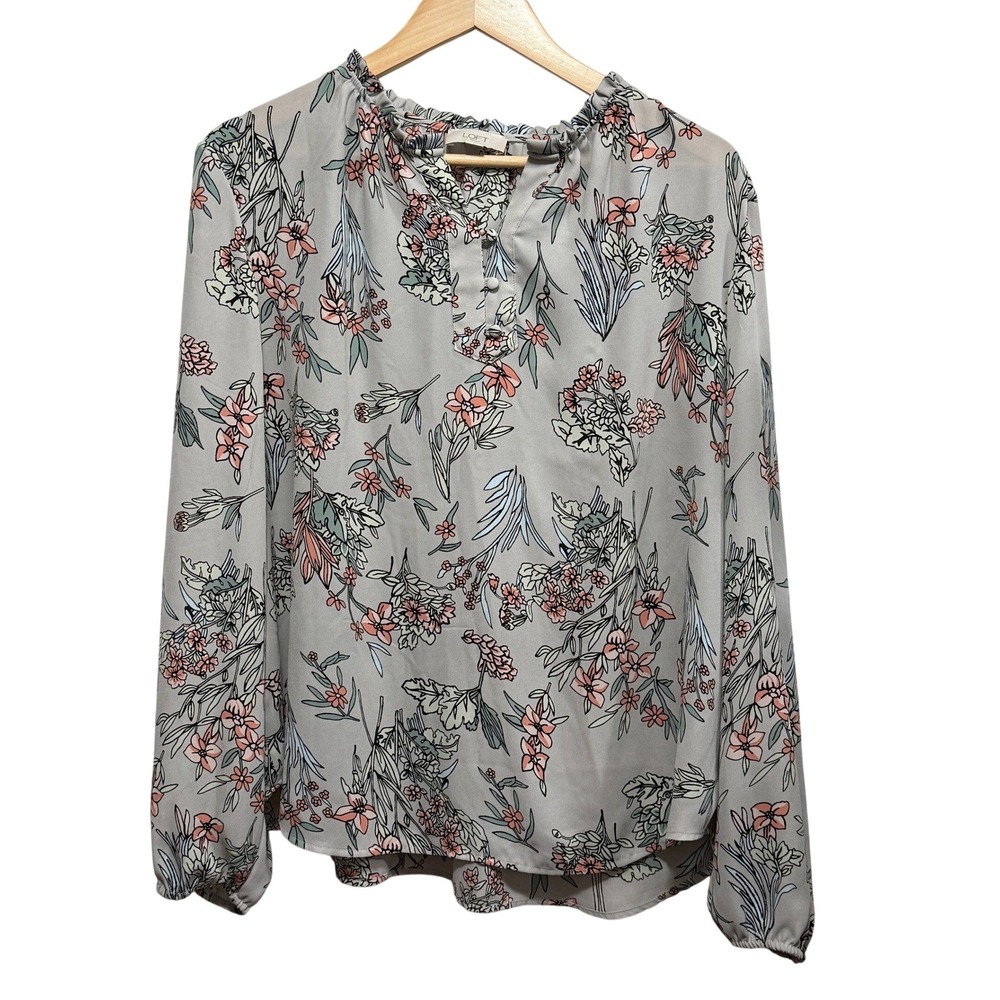 Loft Outlet Womens Gray Floral Ruffle Neck Long Sleeve‎ Blouse Size Large
